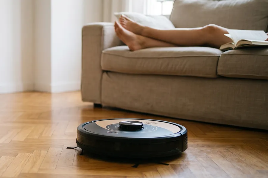 Robot aspirator Taurus Homeland Gyro traversând parchetul unui living, lângă cineva cu picioarele pe canapea