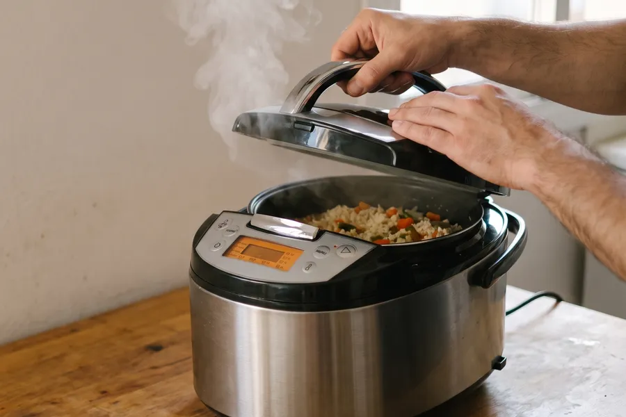 Mâini ridicând capacul unui multicooker Taurus Master Cuisine, cu aburi și orez cu legume înăuntru