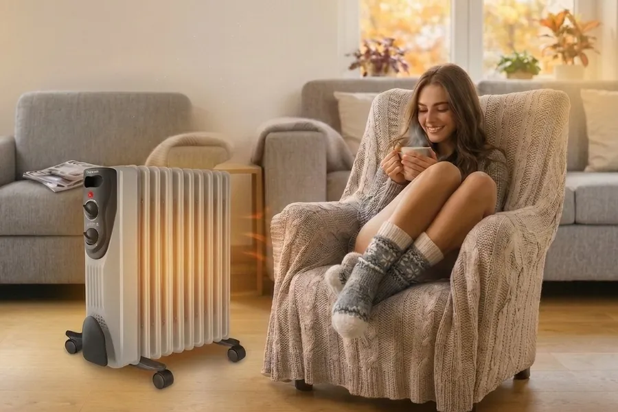 Calorifer cu ulei Taurus Dakar pornit într-un living, lângă un fotoliu cu pled, în lumină de toamnă