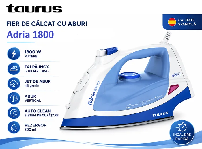 Fier de călcat cu aburi Taurus Adria 1800,1800W, talpă inox – imaginea 2
