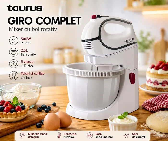 Mixer cu Bol Rotativ Taurus Giro Complet, 500W, bol rotativ 2,5l