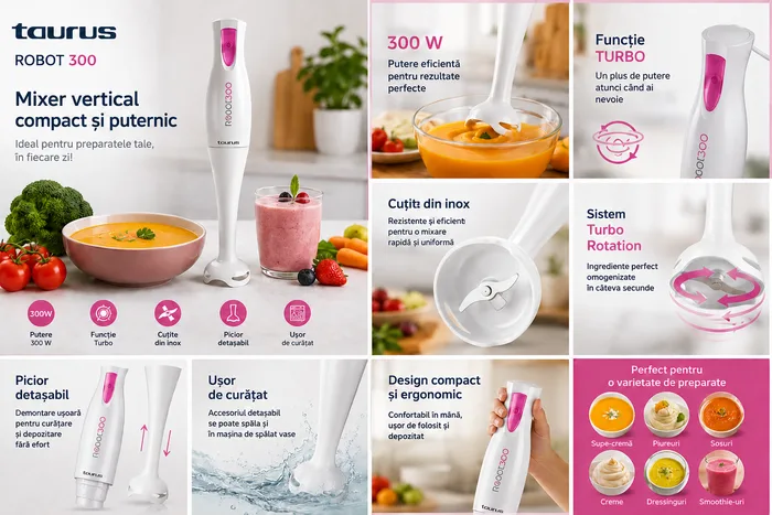 Mixer vertical Taurus Robot 300 – 300 W, funcție Turbo, cuțite din inox – imaginea 2
