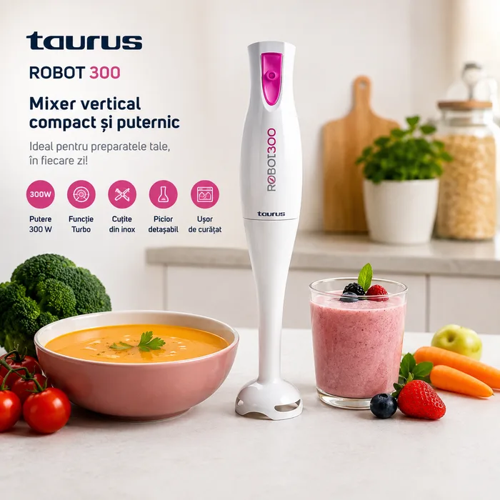 Mixer vertical Taurus Robot 300 – 300 W, funcție Turbo, cuțite din inox