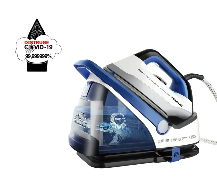Stație de călcat cu abur Taurus Sensity Non Stop, 2200W, 5 bari, abur continuu 120 g/min, rezervor 2L cu alimentare continuă, talpă ceramică, abur vertical, alb/albastru