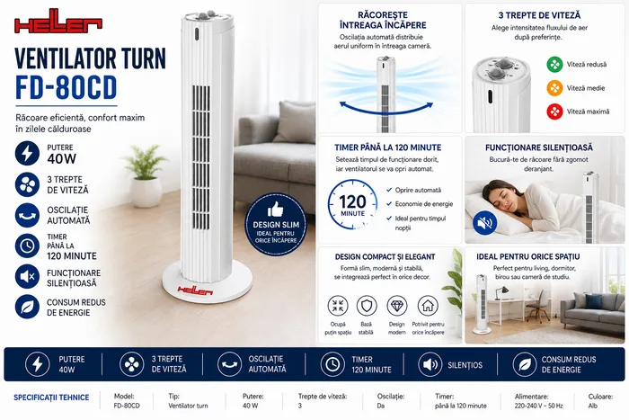 Ventilator turn Heller FD – 80CD, 40w, 3 viteze, timer 120 min., oscilatie – imaginea 3